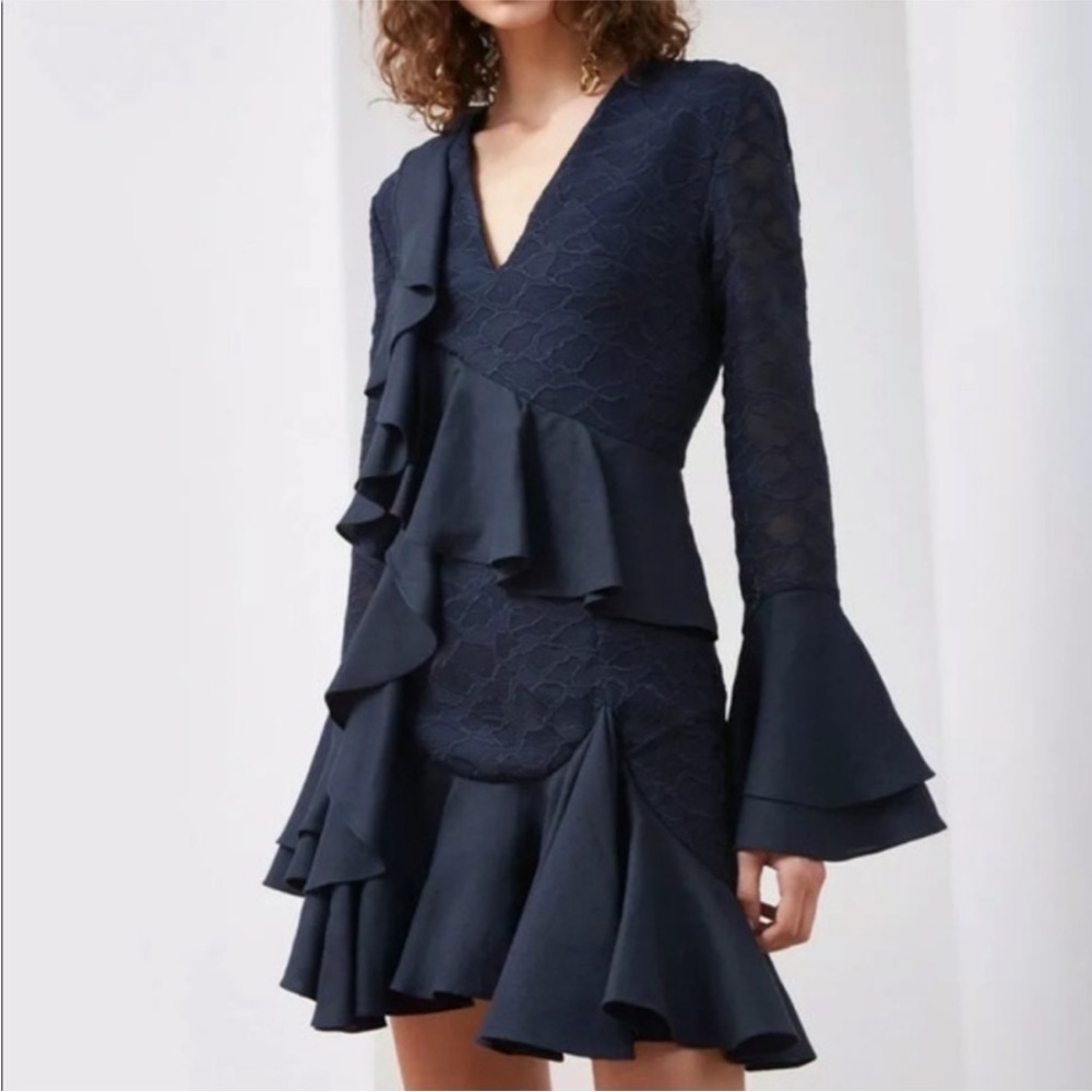 C/meo Collective navy blue ruffle tier hem dress 
Size small